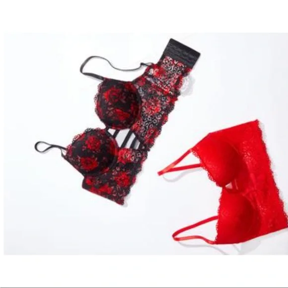 Red Black Floral Lace Bra Set - Picture 2 of 12